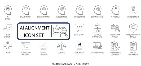 Ícone de linha de Alinhamento de IA definido para inteligência artificial responsável, ética de aprendizagem automática, política e verificação de fluxo de trabalho. Gráficos vetoriais modernos para projetos com foco na tecnologia.
