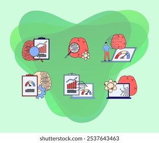 AI analysis charts and elements outline vector illustrations set. Cartoon drawings of digital brain with circuit, laptop with gauge, engineer. Artificial intelligence, modern technology concept