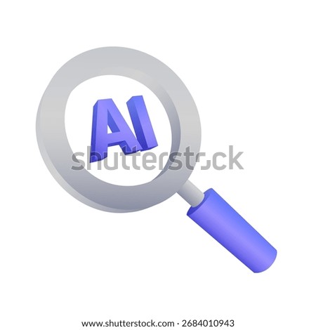 AI Analysis concept and purple magnifying glass 3D purple icon for business marketing analyze, artificial intelligence automation research analytics. Digital technology vector design illustration