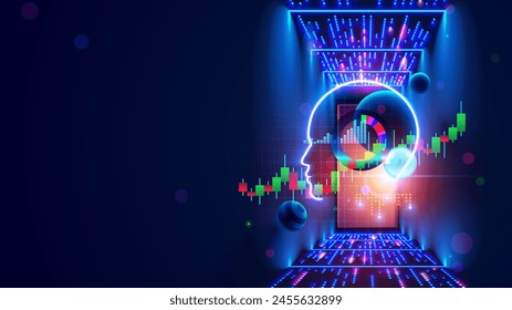 AI of analysis data stock exchange market. Abstract AI face hanging in cyberspace in data centers, stock exchange market graphs. Artificial intelligence trading assistant chat bot concept. AI fintech.