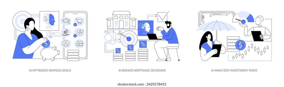 AI analysis for Personal Finance abstract concept vector illustration set. AI-Optimized Savings Goals, AI-Backed Mortgage Decisions, AI-Analyzed Investment Risks, balanced portfolio abstract metaphor.