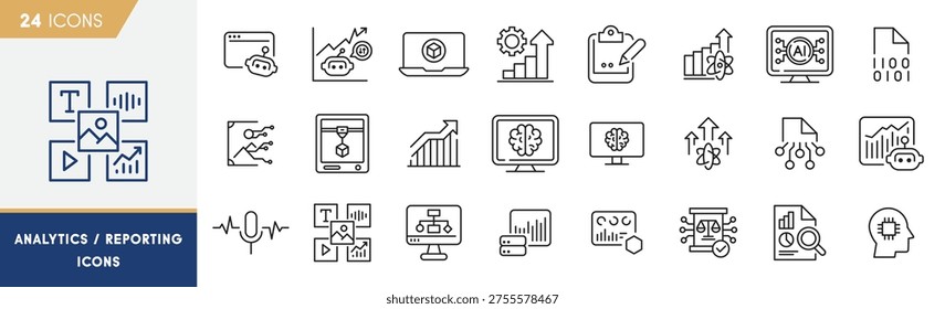 AI Analytics And Data Reporting Line Icons Set For Business Intelligence Dashboards