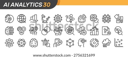 AI Analytics thin line icon set. Data science, Digital technology, Artificial Intelligence icons. Black outline vector icon collection.