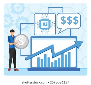 AI Analyze Market Research. Artificial intelligence supporting financial growth, profit optimization, and economic success, represented by symbols including graphs. Flat vector modern illustration 