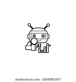 AI Analyzebot - AI robot analyzing data with magnifying glass and chart, representing artificial intelligence in analytics, big data, machine learning, and tech innovation for business intelligence.