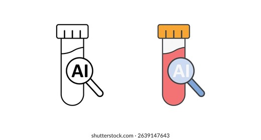 AI analyzing blood test vial icon for healthcare diagnostics, in outline and color styles.