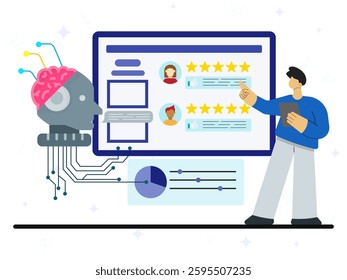 AI analyzing feedback and improving service quality, using feedback analytics, customer satisfaction. AI enhanced to review customer feedback concept. 