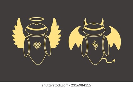 AI angel and devil robots drawn in thin line minimal style. Good and bad characters outline golden vector illustration isolated on black background.