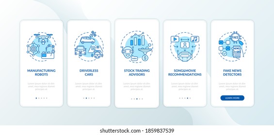 Aplicación AI 2 pantalla de la aplicación móvil onboarding con conceptos. Automóviles sin conductor con guía piloto automático 5 pasos de instrucciones gráficas. plantilla de vector de interfaz de usuario con ilustraciones de color RGB