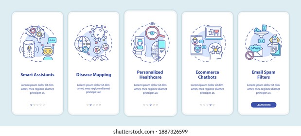 AI application onboarding mobile app page screen with concepts. Smart computer assistants technology walkthrough 5 steps graphic instructions. UI vector template with RGB color illustrations