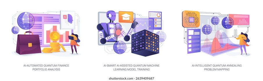 AI Applications in Quantum Computing abstract concept vector illustration set. AI powers quantum finance analysis, machine learning models, and annealing problem optimization tasks. abstract metaphor.