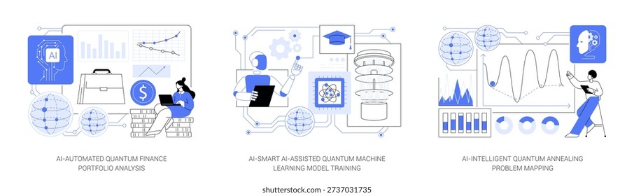 AI Applications in Quantum Computing abstract concept vector illustration set. AI powers quantum finance analysis, machine learning models, and annealing problem optimization tasks. abstract metaphor.