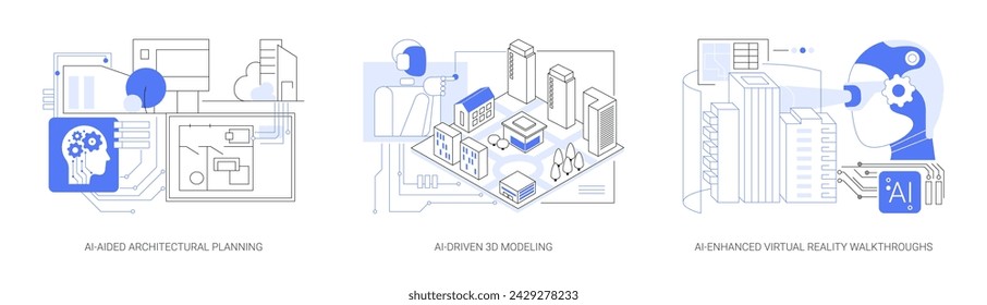 AI in Architecture abstract concept vector illustration set. AI-Aided Architectural Planning, 3D Modeling, building and landscape design, AI-Enhanced Virtual Reality Walkthroughs abstract metaphor.