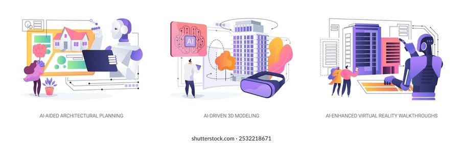 AI in Architecture abstract concept vector illustration set. AI-Aided Architectural Planning, 3D Modeling, building and landscape design, AI-Enhanced Virtual Reality Walkthroughs abstract metaphor.