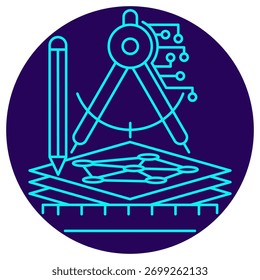 AI Architecture Design icon. Vector thin line illustration on a round dark blue background. Compass and tools are used to engineer and plan the structure of an artificial intelligence (neural network)