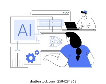 AI architecture isolated cartoon vector illustrations. Students work in machine learning lab, neural network project, higher education, AI architecture bachelor, IT development vector cartoon.