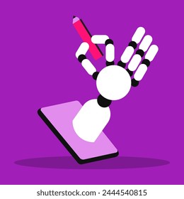 AI arm with pencil, deep in thought, makes notes in a book. Copywriter or blogger, creative idea and inspiration. Imagination for success at work. Talent and skills concept. Flat vector illustration