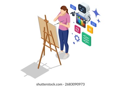Assistente de arte de IA. Robô de IA isométrica ajudando a mulher com pintura no cavalete, apoiando a criatividade e o processo de arte digital com inteligência artificial. Tecnologia de aprendizagem de máquina, redes neurais