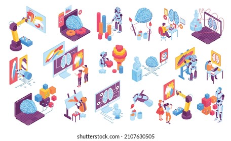 AI art isometric set of human brain icons as symbol artificial intelligence and robots painting picture and designing isolated vector illustration