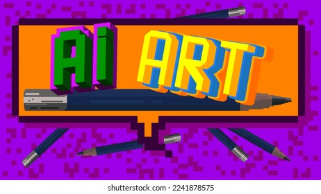 Ai Art. Pixelated word with geometric graphic background. Vector cartoon illustration.