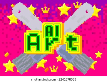 Ai Art. Pixelated word with geometric graphic background. Vector cartoon illustration.