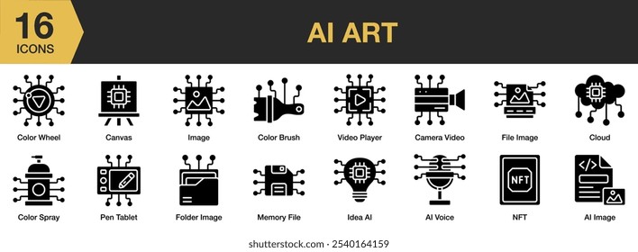 Ai Art solid icon set. Includes image, voice, camera video, canvas, cloud, and More. Solid icons vector collection.