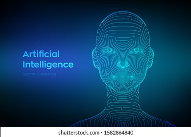 AI. Artifactial intelligence concept. Abstract digital human face. Human head in robot digital computer interpretation. Robotics concept. Wireframe head concept. Digital brain. Vector illustration.