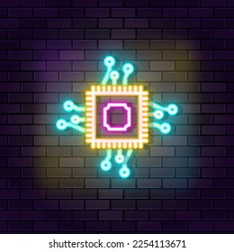 Ia, artificial, icono del vector neón chip sobre fondo de pared oscuro. Neon Ai, artificial, icono vector de chip