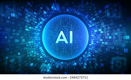 KI. Künstliche Intelligenz. Abstrakte Leiterplattenkugel mit Buchstaben AI. In: Machine Learning Technology. Neuronale Netzwerke. Binärkode-Hintergrund mit Ziffern 1.0. Binärer Datenfluss. Vektorillustration.