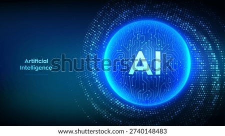 AI. Artificial intelligence. Abstract circuit board sphere with letters AI. Machine learning technology. Neural networks. Binary code background with digits 1.0. Binary Data Flow. Vector illustration.