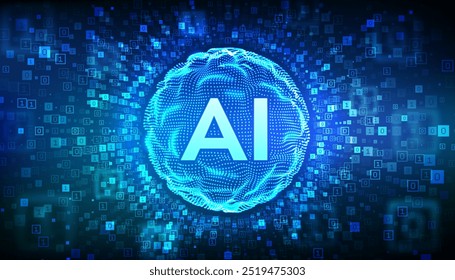 AI. Artificial intelligence. Abstract grid wave sphere with letters AI. Machine learning technology. Neural networks. Binary code background with digits 1.0. Binary Data Flow. Vector illustration.