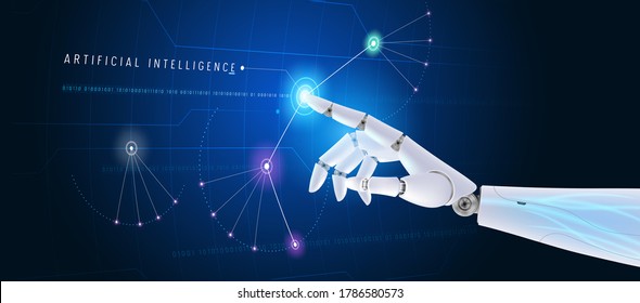 AI, artificial intelligence abstract vector background. Machine learning, big data analysis and automation technology in business concept illustration. Robot hand touching holographic interface