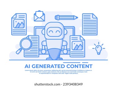 AI or artificial intelligence automatic blog post writing line illustration, Computer based article writing, Robotic post writing with digital technology, Virtual blog article writing assistant