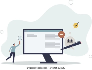 AI or artificial intelligence automatic story blog posts .Robotic writing news publish and article creation..flat illustration.