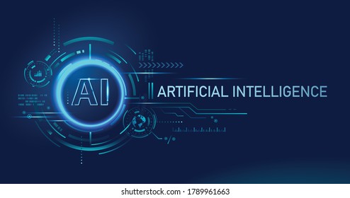 AI (Artificial Intelligence) banner, landing page, neural network, big data, digital Hud futuristic and deep learning. Abstract technology background concept.