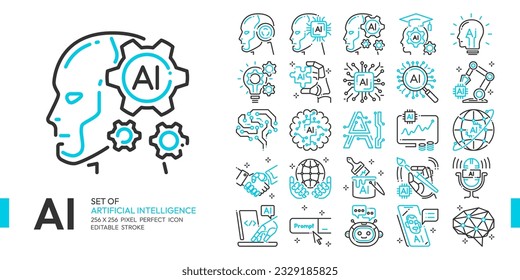 Inteligencia artificial conjunto de iconos de línea azul con cibernetica, aprendizaje automático, robótica, resolución de IA, algoritmo y concepto de tecnología de IA más, 256x256 píxel perfecto vector de icono, trazo editable