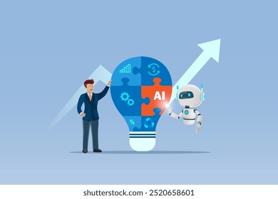 AI artificial intelligence in business collaboration and solution. Businessman set up AI in jigsaw lightbulb to increase capacity and creative ideas for business success. Vector. 