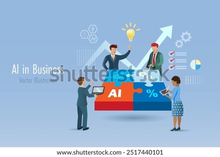 AI artificial intelligence in business collaboration. Work processes with AI to increase capacity for organization success and creative ideas.  Business team connect jigsaw puzzle pieces with AI.
