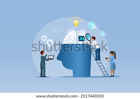 AI artificial intelligence in business collaboration team. Business team set up AI in human brain to increase capacity for organization success and creative ideas.  
