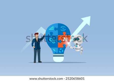 AI artificial intelligence in business collaboration and solution. Businessman set up AI in jigsaw lightbulb to increase capacity and creative ideas for business success. Vector. 