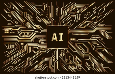 AI artificial intelligence chip gold circuit background dark tech futuristic 