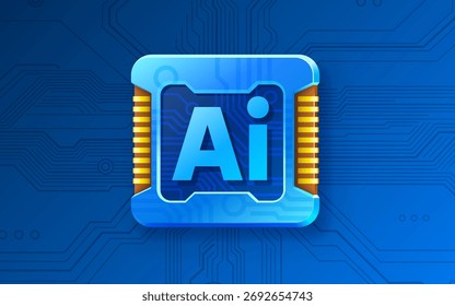 AI Artificial Intelligence ícone do chip em um fundo de placa de circuito azul. Conceito digital moderno. Ilustração vetorial.