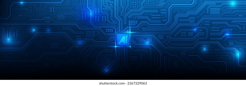 AI Artificial Intelligence chipset on circuit board in futuristic concept suitable for future technology artwork, Web Banner Abstract background, Vector illustration