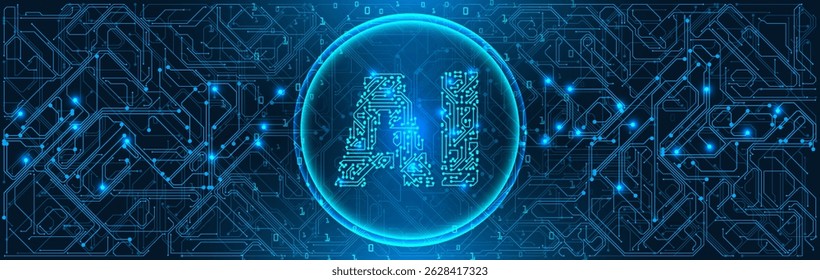 AI Artificial Intelligence chipset on circuit board in futuristic concept suitable for future technology artwork, Web Banner Abstract background, High tech technology geometric and connection system