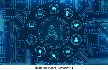 AI (Artificial Intelligence), Circuit Background, Nanotechnologies, Smart Objects and Global Network Technology - Illustration Vector