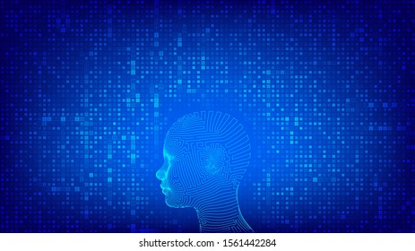 AI. Artificial intelligence concept. Abstract wireframe digital human face on streaming matrix digital binary code background. Human head in robot digital computer interpretation. Vector illustration.