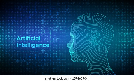 AI. Artificial intelligence concept. Abstract wireframe digital human face on streaming matrix digital binary code background. Human head in robot digital computer interpretation. Vector illustration.