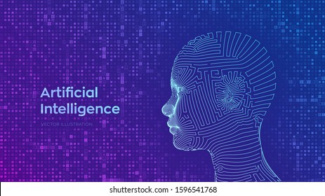 AI. Artificial intelligence concept. Abstract wireframe digital human face on streaming matrix digital binary code background. Human head in robot digital computer interpretation. Vector illustration.