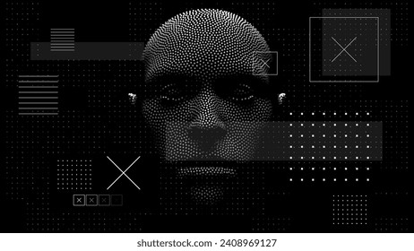 AI. Artificial Intelligence Concept. Abstract Digital Cyberpunk Human Face. Robotics Concept. Science Fiction Cyberpunk Vector Illustration. Anonymous Hacker Face Digital Collage.