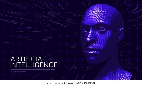 AI Artificial Intelligence Concept. Abstract Digital Low Poly 3D Human Face. 3D Face ID Scan Recognition Robotics Concept. Wireframe Head Science Fiction Concept. Vector Illustration. Deep Learning.